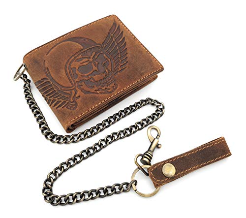 Jockey Club echt Leder Biker Geldbörse quer Hunterleder Portemonnaie Totenkopf Schädel Wing of Hell mit 50cm Kette & RFID Schutz von Jockey Club