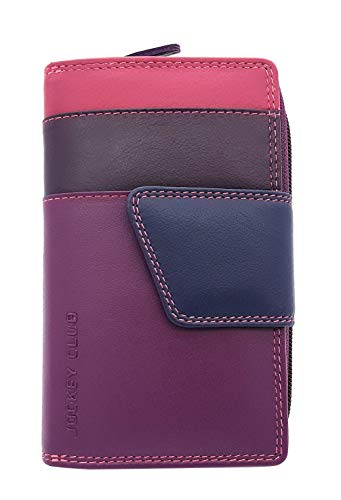 Jockey Club echt Leder Damen Geldbörse mit verstellbarem Außenriegel Portemonnaie feines Kalbsnappaleder Rio Tropic Multicolor mit farbenfrohen Innenleben Beere mit RFID Schutz von Jockey Club