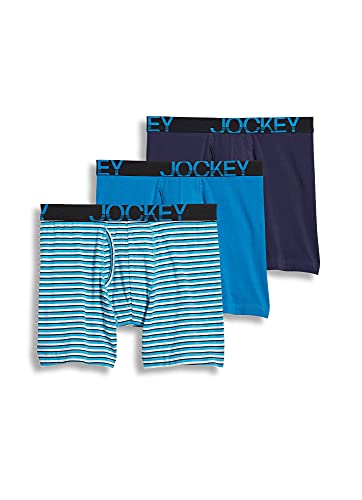 Jockey Men's Underwear ActiveStretch Long Leg Boxer Brief - 3 Pack, True Navy/White & Blue Stripe/Turquoise, l von Jockey