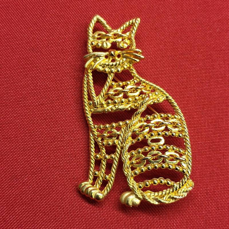 Danecraft Goldfarbene Metall Katze Brosche von JodamelTreasures
