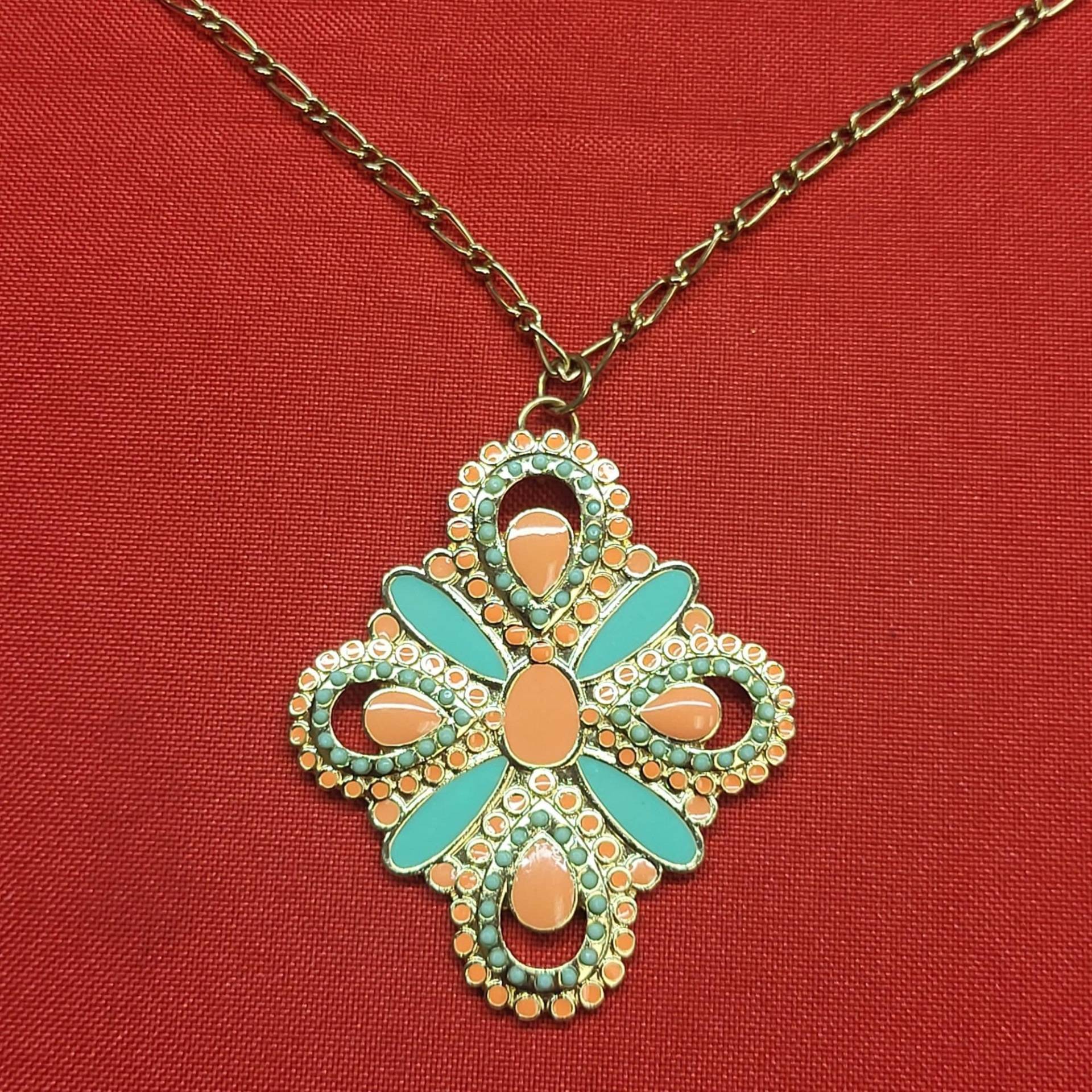 Halskette Mit Blumenanhänger, Emaille, Goldton, Blumengrün, Orange von JodamelTreasures