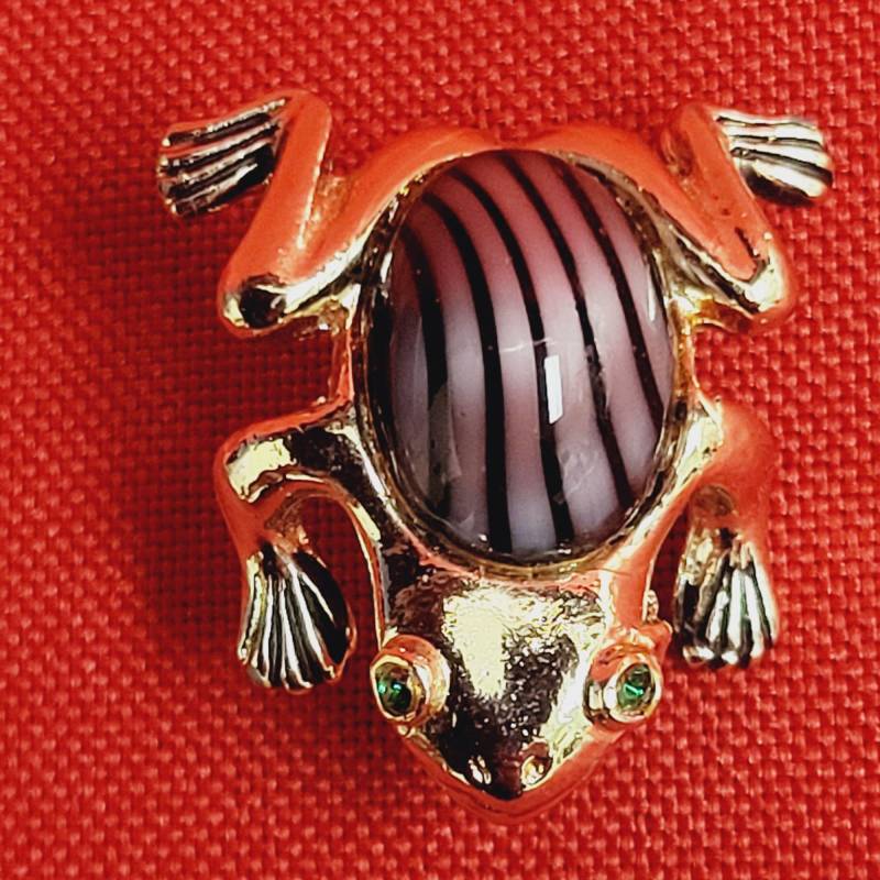 Vintage Frosch Lila Streifen Jelly Belly Grünes Auge Strass Brosche Pin Gold Tone von JodamelTreasures