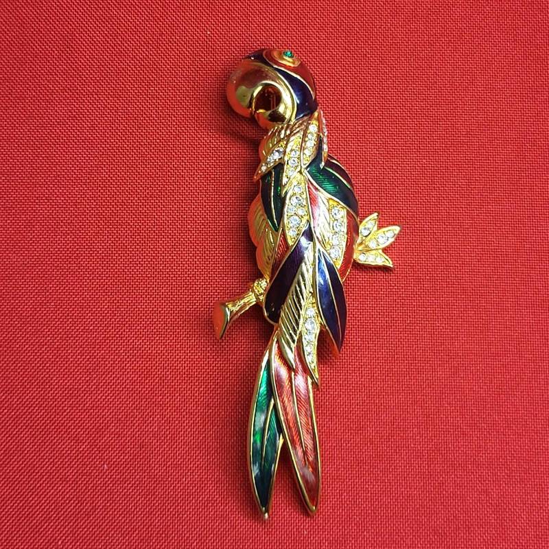 Vintage Goldene Papagei Brosche Große Emaille Kristall Strasssteine von JodamelTreasures