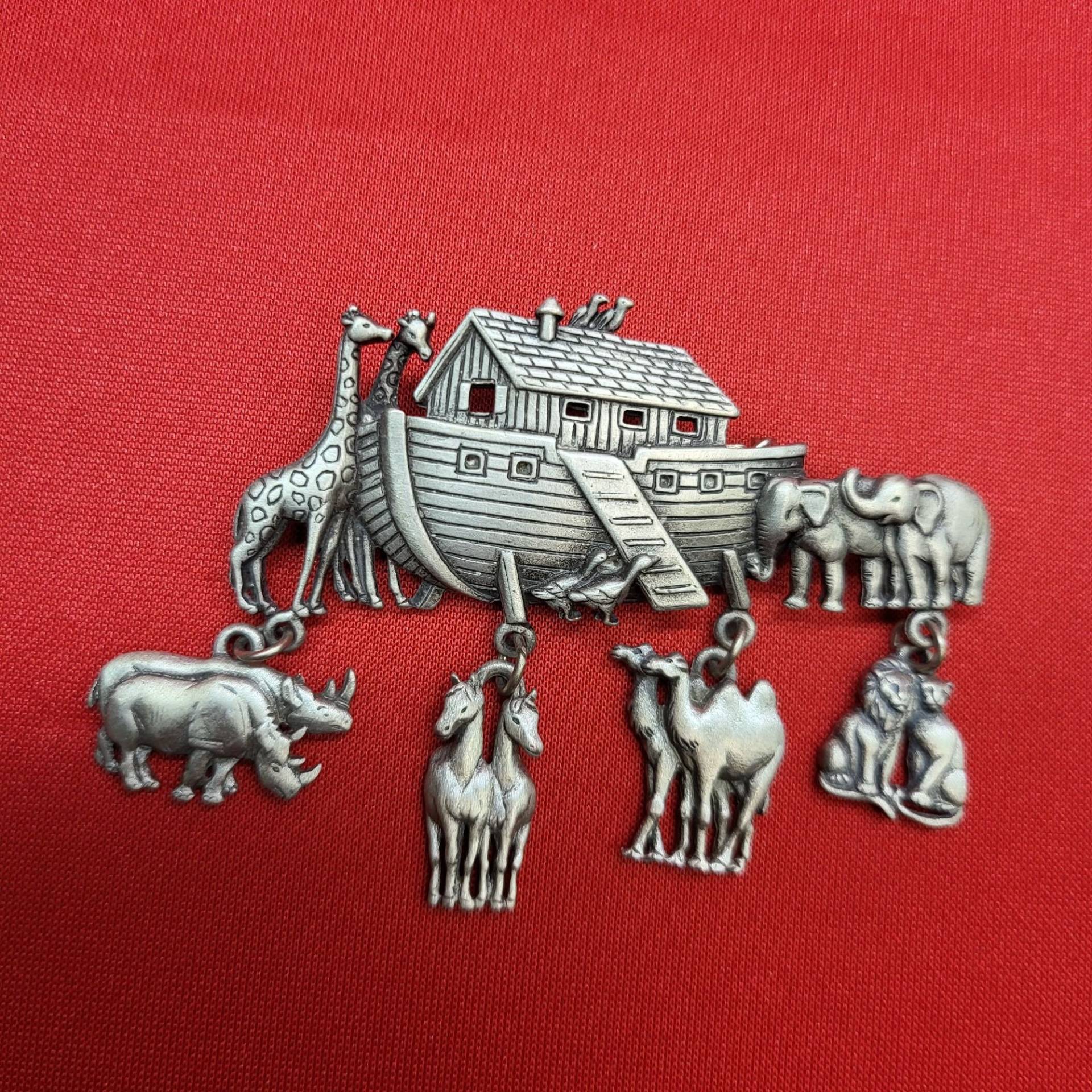 Vintage Jj Signiert Brosche Pin Zinn Noahs Arche Baumeln Tiere Paar Charms von JodamelTreasures