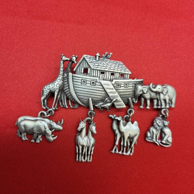 Vintage Jj Signiert Brosche Pin Zinn Noahs Arche Baumeln Tiere Paar Charms von JodamelTreasures