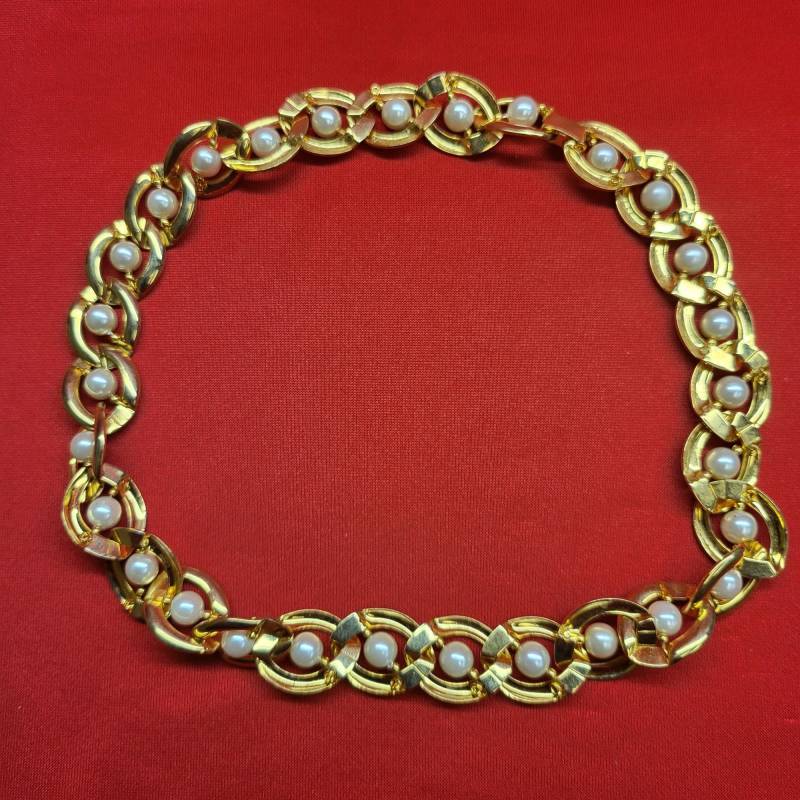 Vintage Käfig Faux Pearl Gold Gliederhalsband Halskette Fold Over Verdeckt Verschluss von JodamelTreasures