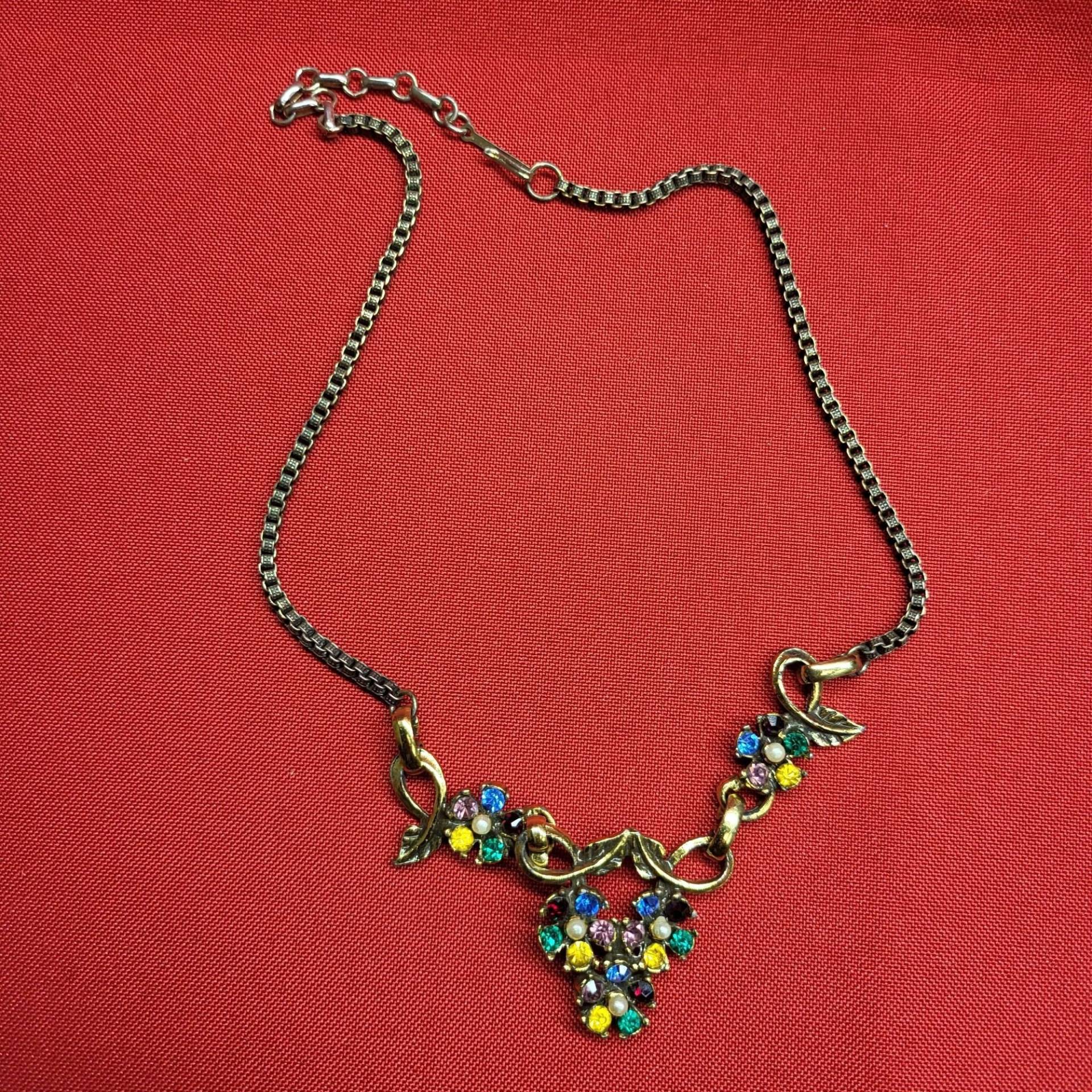 Vintage Multi Farbige Strass Blumen Box Kette Bronze Halskette von JodamelTreasures