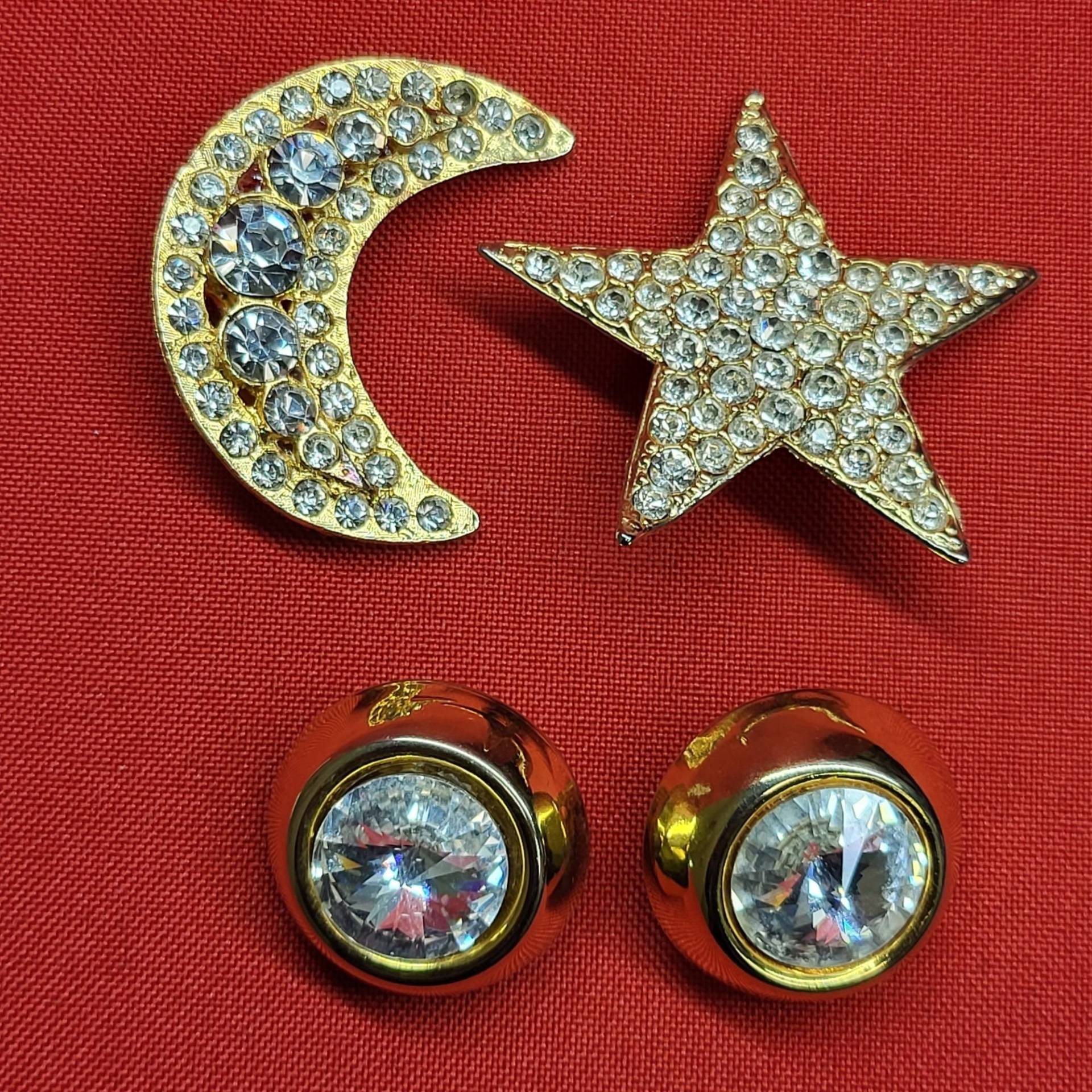 Vintage Ohrclips Vergoldet Mond Stern Scheinwerfer Kristall Strass Set Von 2 von JodamelTreasures