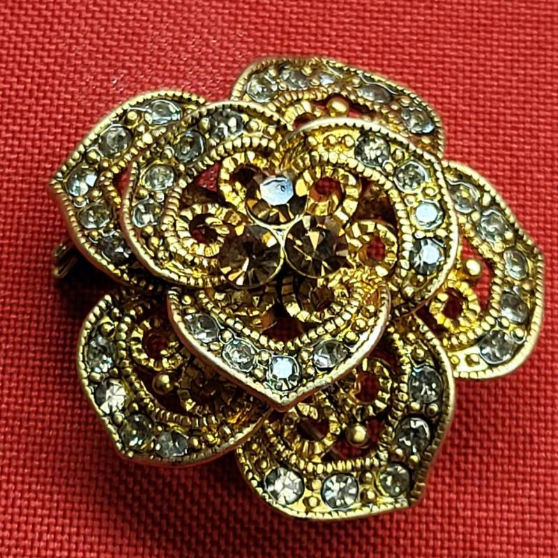 Vintage Rose Blume Gold Ton Klar Und Braun Strass Brosche Pin Anhänger von JodamelTreasures