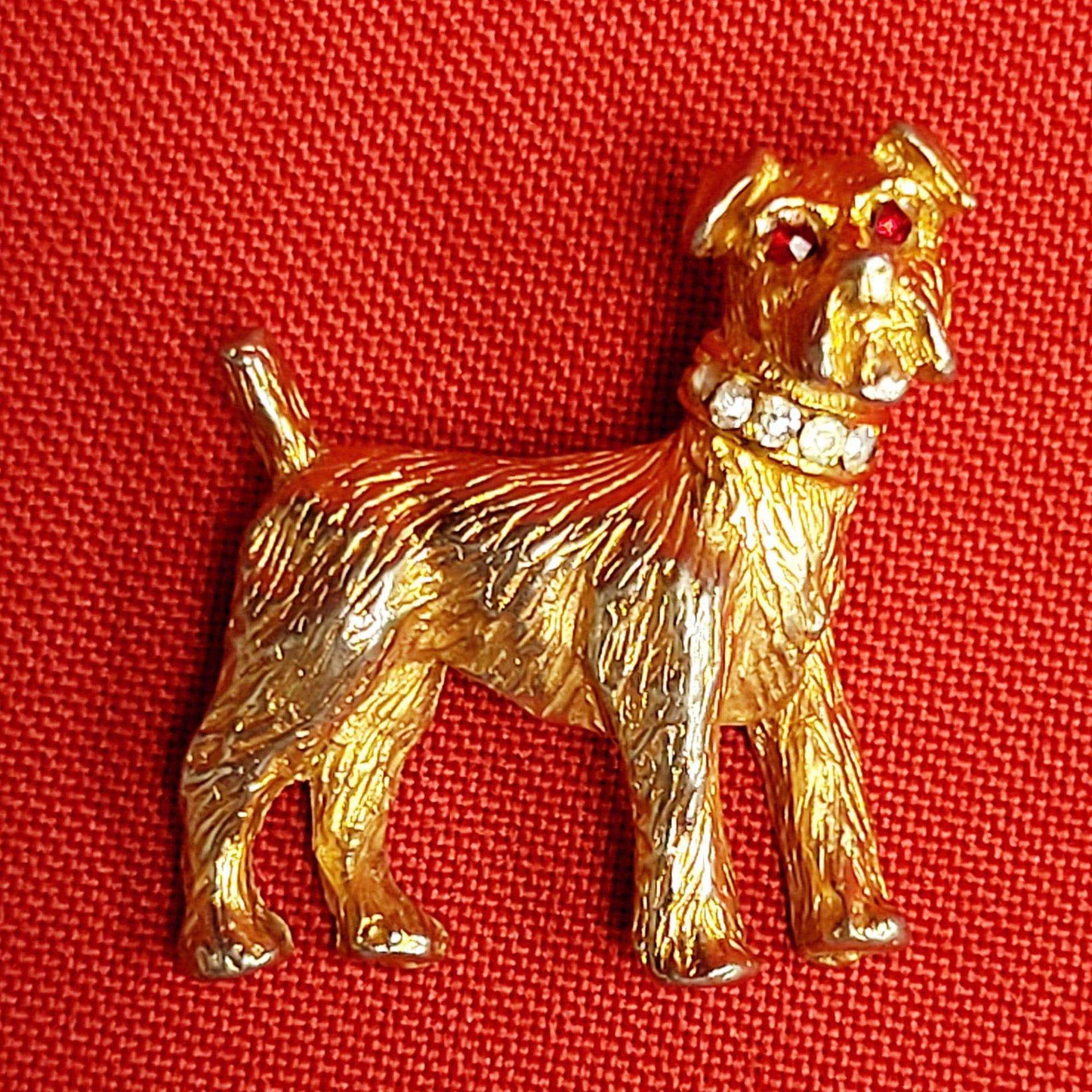 Vintage Signiert Nemo Hund Pin Brosche Gold Ton Rot Klar Strass von JodamelTreasures