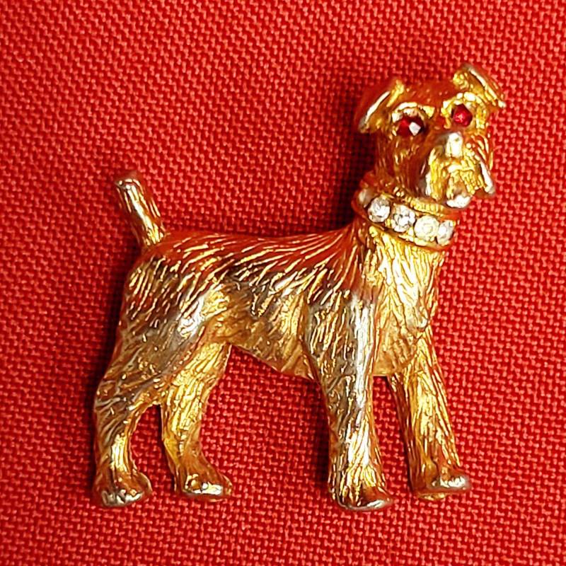Vintage Signiert Nemo Hund Pin Brosche Gold Ton Rot Klar Strass von JodamelTreasures