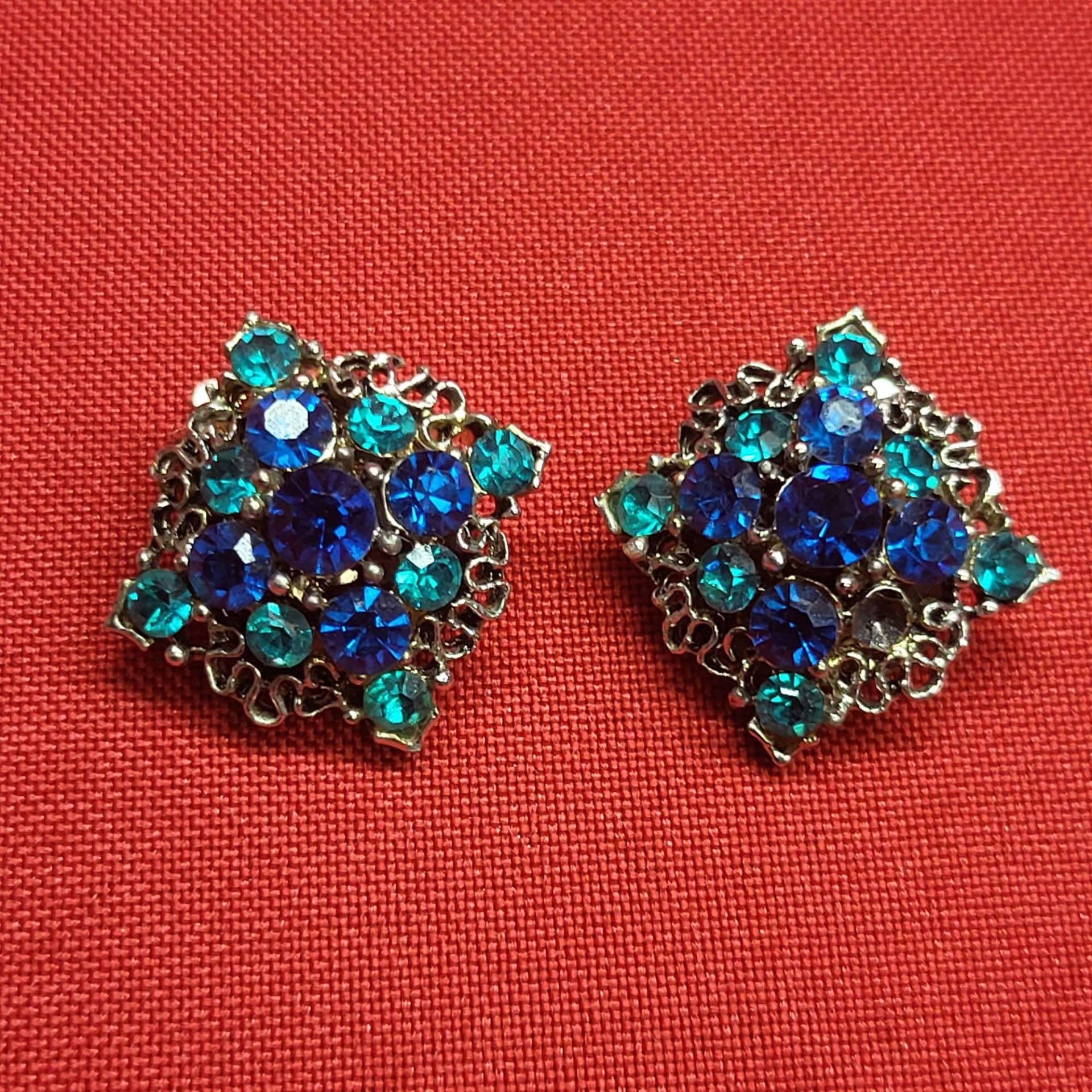 Vintage Silber Ton Mit Blauen Und Grünen Strass Ohrclips von JodamelTreasures