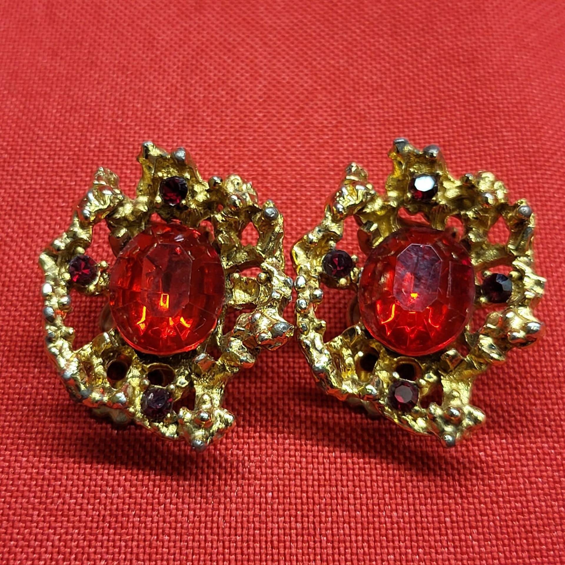 Vintage Vergoldete Rote Strass Ohrclips von JodamelTreasures