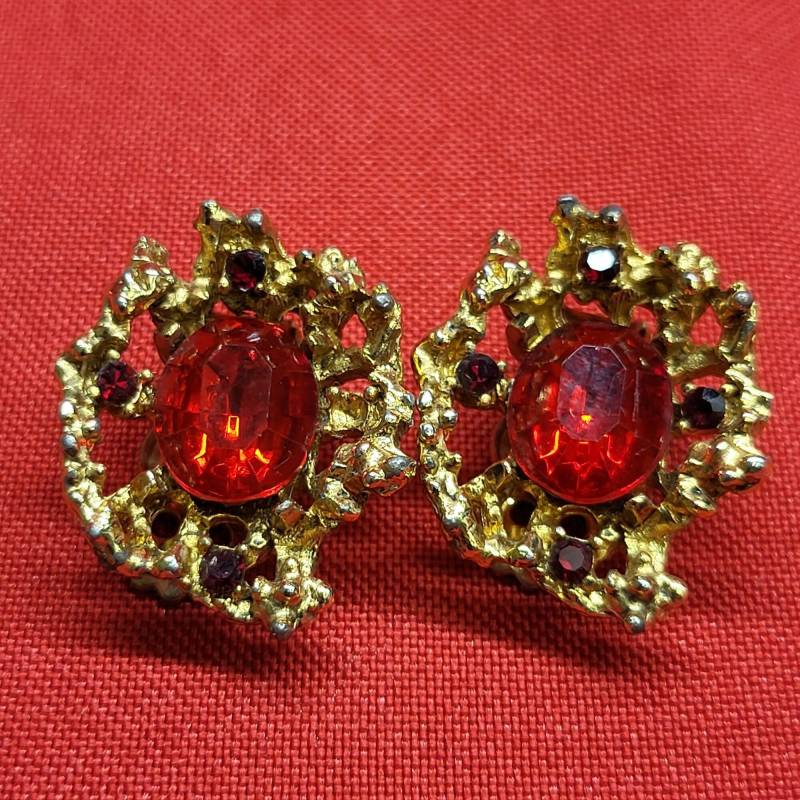 Vintage Vergoldete Rote Strass Ohrclips von JodamelTreasures