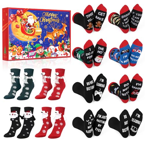 Jodimitty 12 Paar Weihnachtssocken Adventskalender 2024 Frauen Männer Unisex Baumwolle Socken Weihnachtsstrümpfe Fun Lustige Texte Muster Adventskalender Geschenke von Jodimitty