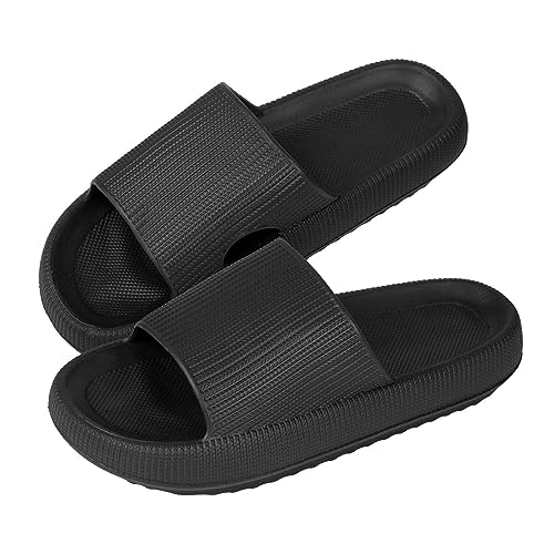 Jodimitty Badeschuhe Damen Cozyslides Hausschuhe rutschfeste Badeschuhe Sommer Strand Pool Sliders, Eva Super Weich Massage Kissen Schlappen Dicke Unterseite Hausschuhe (Schwarz, 37/38 EU) von Jodimitty