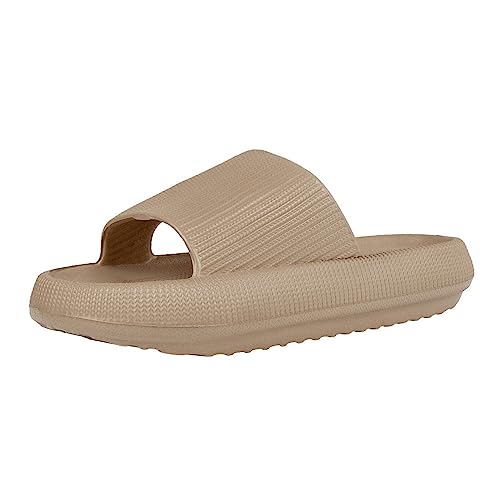 Jodimitty Badeschuhe Damen Cozyslides Hausschuhe rutschfeste Badeschuhe Sommer Strand Pool Sliders, Eva Super Weich Massage Kissen Schlappen Dicke Unterseite Hausschuhe (Khaki, 41/42 EU) von Jodimitty