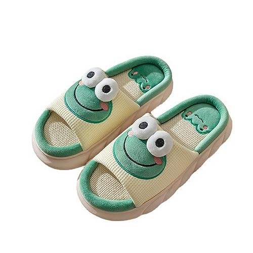 Jodimitty Grüne Frosch Damen Hausschuhe Baumwolle Leinen Offene Hausschuhe, Weicher Komfort EVA Dicke Sohle Womens Slippers Niedliche 3D Tier Wolkenschuhe für Drinnen (37/38 EU) von Jodimitty