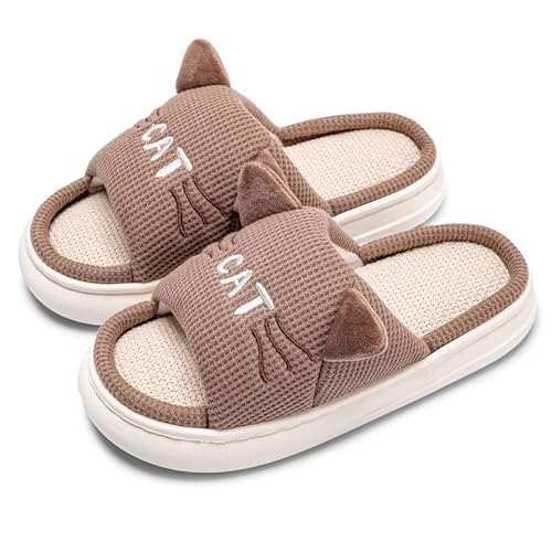 Jodimitty Katzen Hausschuhe Damen Baumwolle Leinen Offene Hausschuhe, Komfort EVA Dicke Sohle Womens Slippers Niedliche 3D Tier Kaffeefarbene Katzen Wolkenschuhe für Drinnen von Jodimitty