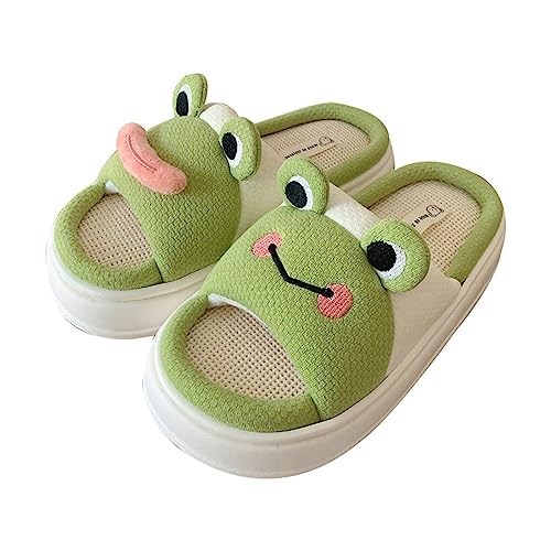 Jodimitty Lustig Frosch Damen Hausschuhe Baumwolle Leinen Offene Hausschuhe, Weicher Komfort EVA Dicke Sohle Womens Slippers Niedliche 3D Tier Wolkenschuhe für Drinnen (37/38 EU) von Jodimitty