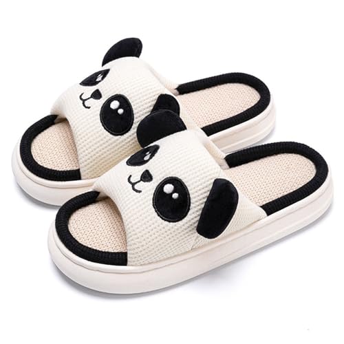 Jodimitty Panda Hausschuhe Damen Baumwolle Leinen Offene Hausschuhe, Komfort EVA Dicke Sohle Womens Slippers Niedliche 3D Tier Schwarz Weiße Panda Wolkenschuhe für Drinnen von Jodimitty