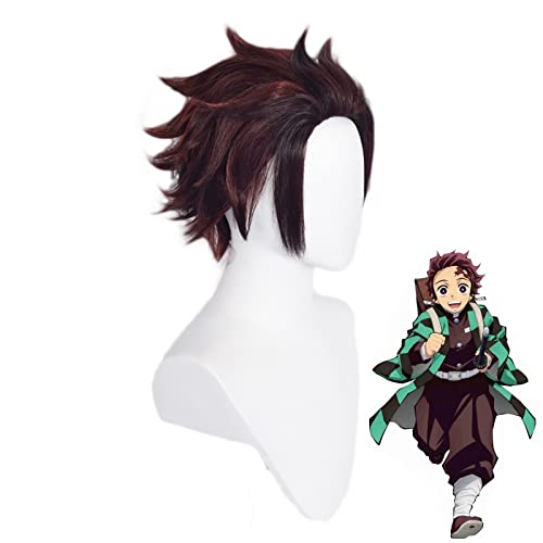 Jodiss Anime Cosplay Wig Erwachsener Tanjirou Perücke Dark red Short Straight Synthetic Wig Halloween Kostüm Party Cosplay Perücke von Jodiss