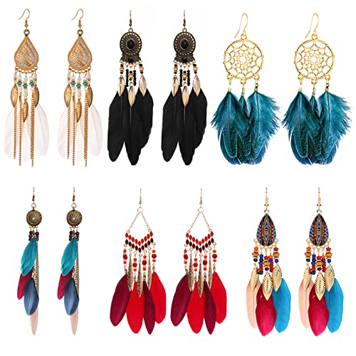 6 Paar Bohemian Faux Feder Ohrringe,Damen Fransen Feder Ohrringe Bohemien Böhmische Federohrringe für Frauen Ethnische Lange Bunte Feder Fringe Ohrringe Mode Baumeln Ohrring für Frauen (Colorful01) von Jodsen