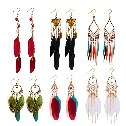 6 Paar Bohemian Faux Feder Ohrringe,Damen Fransen Feder Ohrringe Bohemien Böhmische Federohrringe für Frauen Ethnische Lange Bunte Feder Fringe Ohrringe Mode Baumeln Ohrring für Frauen (Colorful02) von Jodsen