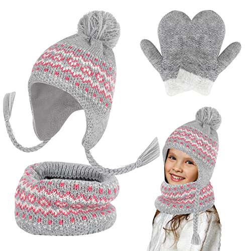 Kinder Winter Mütze Schal, Handschuhe Satz, Mädchen Dickes Beanie Hut Strickmütze, Halswärmer Warme Fleece-Mützen mit Bommel für Jungen Mädchen 3-8 Jahre alt Winter-Sets für draußen (Grau) von Jodsen