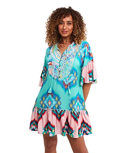 Joe Browns Damen Contrast Print Tassel Detail Frill Sleeve Kaftan Tunic Casual Dress, Multi, 36 von Joe Browns