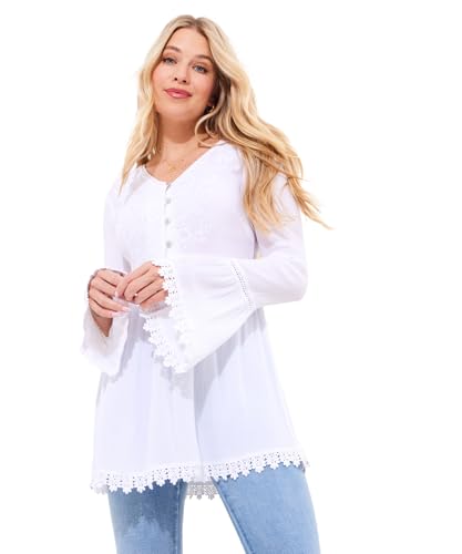 Joe Browns Damen Button Detail Lace Trim Embroidered V-Neck Tunic Tunika-Shirt, weiß, 40 von Joe Browns