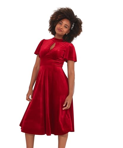 Joe Browns Damen Keyhole Front High Neck Fluted Sleeve Velvet Midi Dress Formales Abendkleid, Red, 34 von Joe Browns