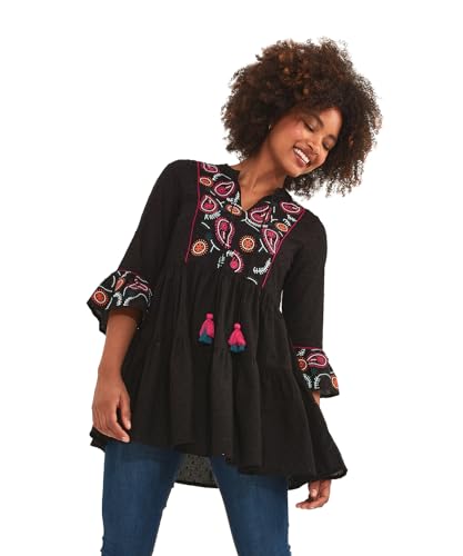 Joe Browns Damen Paisley-Stickerei, ausgestellte Ärmel, gesmokte Tunika-Shirt, Schwarz, 44 von Joe Browns