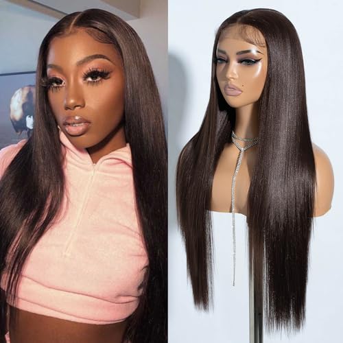 Joedir 13 * 4 Spitze Frontal Perücken für Frauen lange gerade Haare Glueless Perücke lange Seide gerade natürliche hitzebeständige Faser … (BROWN138, 76 CM) von Joedir