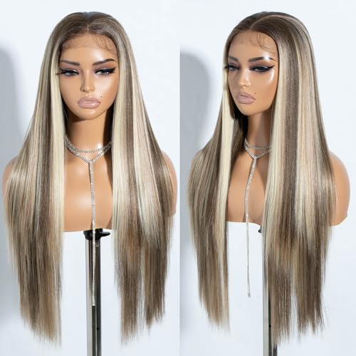 Joedir 13 * 4 Spitze Frontal Perücken für Frauen lange gerade Haare Glueless Perücke lange Seide gerade natürliche hitzebeständige Faser … (NTSA10/23B/613C, 76 CM) von Joedir