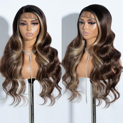 Joedir 13x4 Körperwelle 150% Dichte HD Spitze Front Perücke Synthetisches Haar Perücke mit Baby Haar Highlights Perücken für Frauen 30 Zoll（76cm） von Joedir