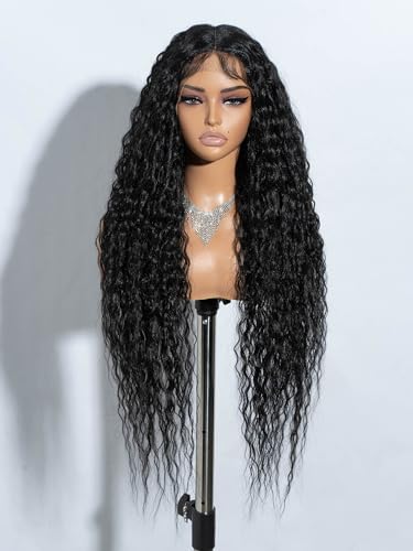 Joedir 32" Lange Deep Curly Welly Lace Front Synthetische Perücken HD Transparent Glueless Lace Perücke Hitzebeständige Faser Pre Plucked Hairline mit Baby Haar Perücke für Frauen (schwarze Farbe) von Joedir