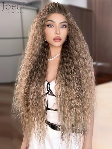 Joedir 32" lange tief gelockt gewellt Spitze Front synthetische Perücken HD Transparent Glueless Lace Perücke hitzebeständig Faser Pre gezupft Haaransatz mit Baby Haar Perücke für Frauen von Joedir