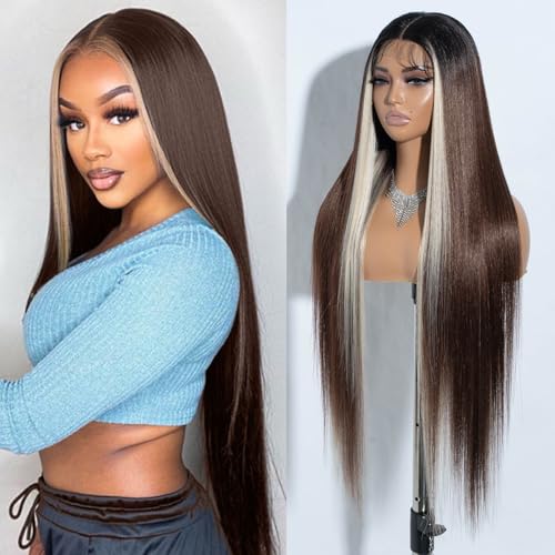 Joedir 86 cm Lange Yaki Gerade Spitze Front Synthetische Highlight Perücken HD Transparent Glueless Perücke Hitzebeständig Faser Vorgezupft Haaransatz mit Baby Haar für Frauen von Joedir