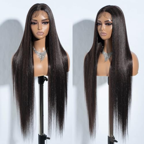 Joedir 86 cm Lange Yaki Gerade Spitze Front Synthetische Perücken Mittelteil HD Transparent Kleberlose Spitze Perücke Hitzebeständig Faser Vorgezupft Haaransatz mit Babyhaar Perücke für Frauen von Joedir