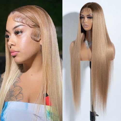 Joedir 86 cm Lange Yaki Gerade Spitze Front Synthetische Perücken Mittelteil HD Transparent Kleberlose Spitze Perücke Hitzebeständig Faser Vorgezupft Haaransatz mit Babyhaar Perücke für Frauen von Joedir