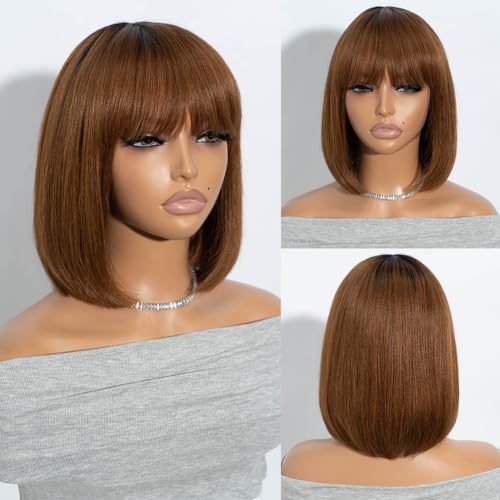 Joedir Echthaar-Perücken Gerade Bob-Perücke mit Pony Kurze Bob-Perücken für Frauen Dunkle Wurzeln Braun Keine Lace Front Perücken 26 CM von Joedir
