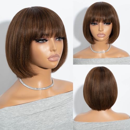 Joedir Kurze Echthaar-Perücke mit Pony Bob-Perücken für schwarze Frauen 20 CM Gerade Bob-Perücke Echthaar Braun Kleberlose Perücken für Frauen von Joedir