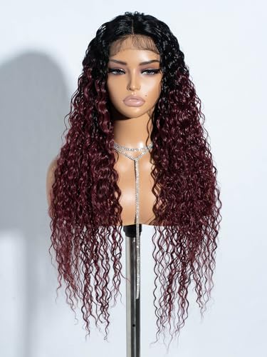 Joedir lange tief lockig gewellt Spitze vorne synthetische Perücken für Frauen glueless Spitze Perücke 76 cm mittleren Teil hitzebeständig Faser Perücke für den täglichen Gebrauch Partei ombre weinrot von Joedir