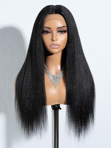 Joedir Long Yaki Straight Lace Front Wig Black T Part Kinky Straight Synthetic Lace Front Wigs for Women Deep Part HD Transparent Lace Pre Plucked Hair Perücke mit Baby Hair mit Baby Hair von Joedir