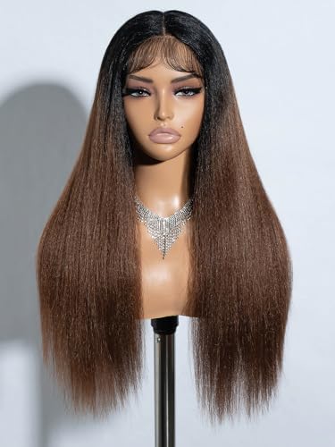 Joedir Long Yaki Straight Lace Front Wig Ombre Brown T Part Kinky Straight Synthetic Lace Front Wigs for Women Deep Part HD Transparent Lace Pre Plucked Hair Perücke mit Baby Hair mit Baby Hair von Joedir