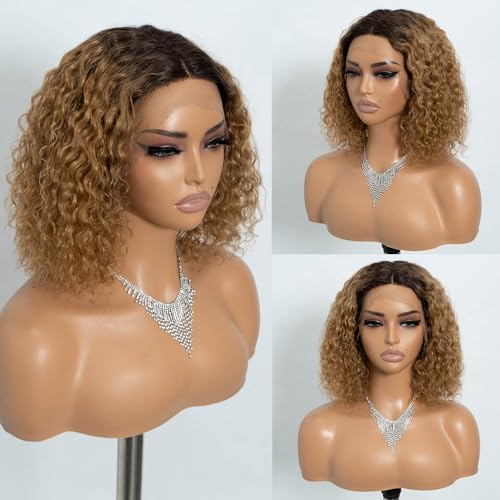 Joedir Short Curly Bob Perücke Kinky Curly Lace Front Perücken für Frauen Jerry Curl Echthaarperücke Pre Plucked Haaransatz mit Babyhaar (Ombre Light Gold) von Joedir