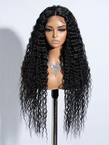 Joedir schwarze Perücken für Frauen lange tief lockig gewellt Spitze vorne synthetische Perücken glueless Spitze Perücke 76 cm mittleren Teil Perücke für den täglichen Gebrauch Partei von Joedir