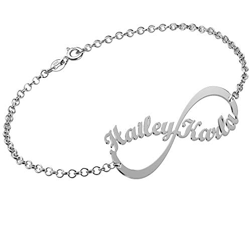JoelleJewelryDesign Infinity - Unendlich Namensarmband/Fußband 18K Weißgold vergoldet Silber - Personalisiert mit Ihren eigenen 2 Namen von JoelleJewelryDesign