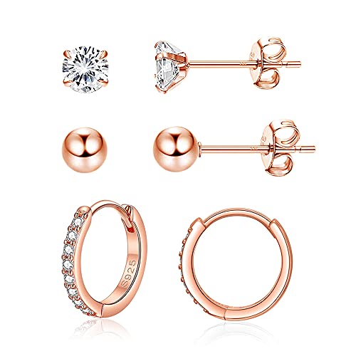 Josfeva Creolen Damen Ohrstecker Ohrringe, 925 Sterling Silber, 3 Paar Rose Gold Schlafen Ohrringe Set, 5mm Ohrstecker & 14mm Creolen von Josfeva